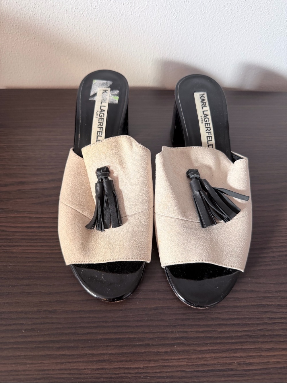 Karl Lagerfeld Beige Slide Mules with Black Tassels